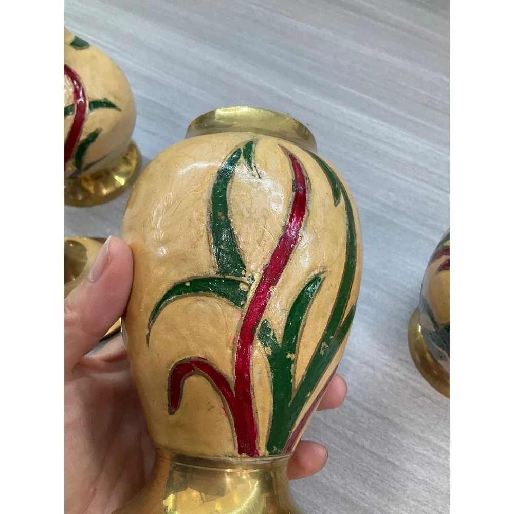 VINTAGE INDIAN BRASS HAND PAINTED ENAMEL JAR PITCHER AND VASE‎